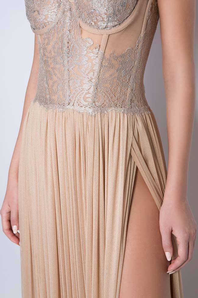 Hera Metallic Chantilly Lace Gown in Silver Rose & Nude Tulle