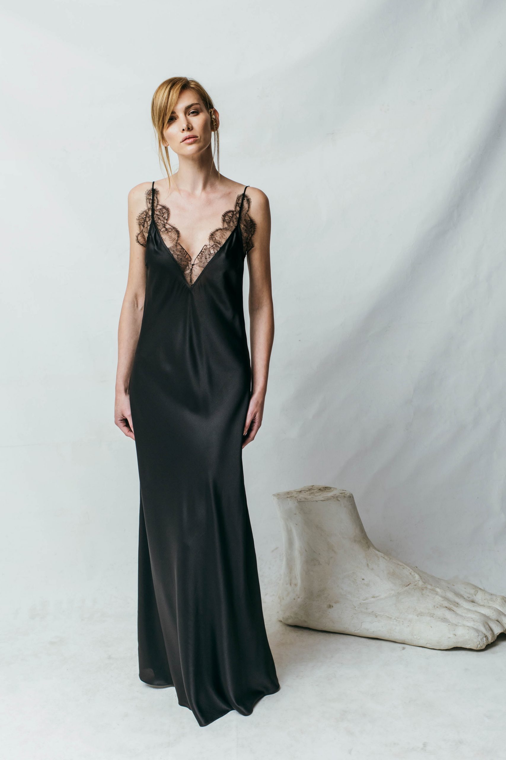 Lace Slip Dress in Silk Satin - Black