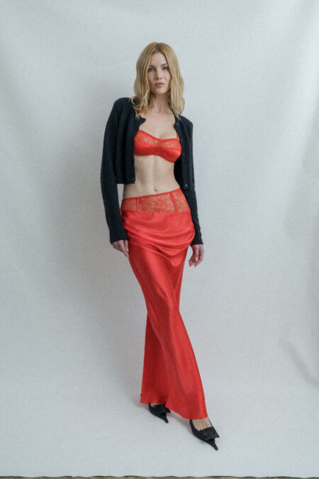 Lace & Silk Satin Draped Skirt Red