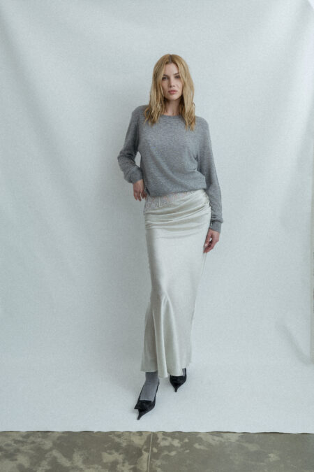 Silver Lace & Silk Satin Draped Skirt